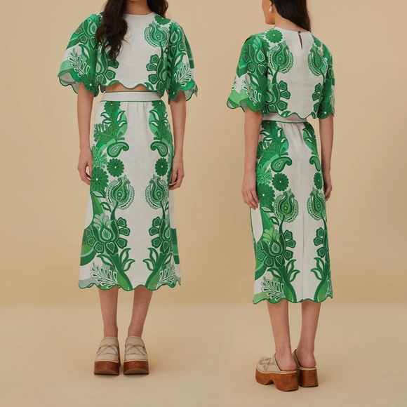 Farm Rio Green Festival Color Midi Skirt and Cropped Blouse Set Size XL. NWT - Picture 1 of 15